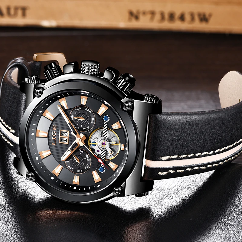 

LIGE Watch Mens Tourbillon Automatic Mechanical Fashion Sports Watch Stainless Steel Waterproof Leather Clock Relogio Masculino