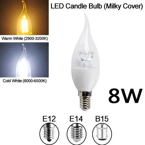 E14 Светодиодный светильник-свеча E27 энергосберегающая лампа 3 Вт 5 Вт 7 Вт 8 Вт Точечный светильник Bombilla Lampara Люстра для домашнего декора E12 B22 B15 - Испускаемый цвет: Milky Candle 8W