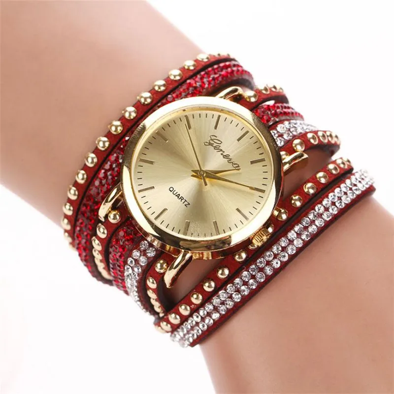 Модные роскошные кожаные часы-браслет с кристаллами и заклепками, женские кварцевые часы, повседневные женские наручные часы, Relogio Feminino, Прямая поставка# D - Цвет: A