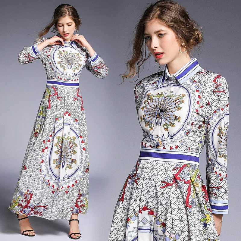 

2019 Spring Summer Fall Runway Vintage Floral Print Collar Long Sleeve Empire Waist Women Lady Party Casual A-Line Maxi Dress