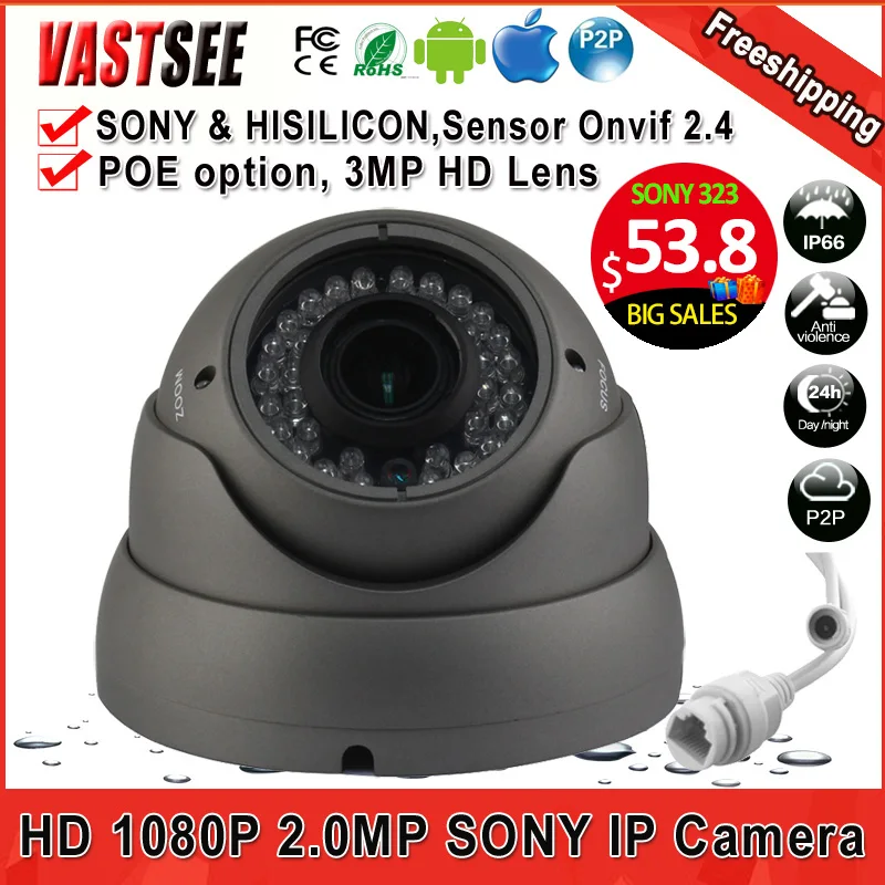  2MP POE  ip camera 1080P ONVIF 2.4 room dome sony imx323 sensor indoor vandalproof 36IR 2.8-12MM zoom lens cameras de seguranca 