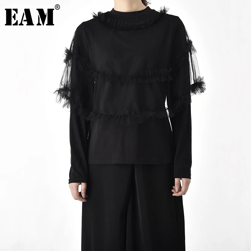 

[EAM] Women Black Mesh Sttich Ruffles Loose Fit T-shirt New Round Neck Long Sleeve Fashion Tide Spring Autumn 2019 JO2720