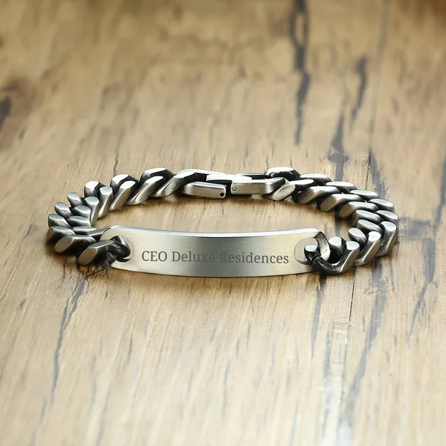 Men's Vintage Gray Miami Cuban link ID Tag Bracelet for Men Stainless