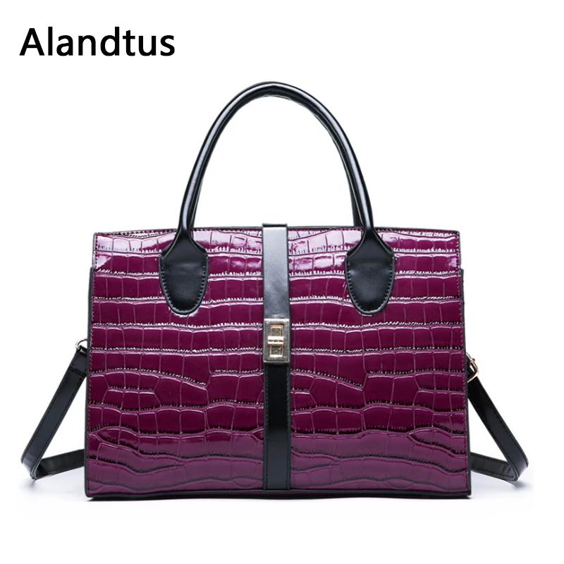 Alandtus أزياء المرأة حقيبة يد التمساح نمط الجلود الإناث حمل عارضة كبيرة حقيبة الأرجواني الأعلى مقبض حقيبة بولسا الأنثوية