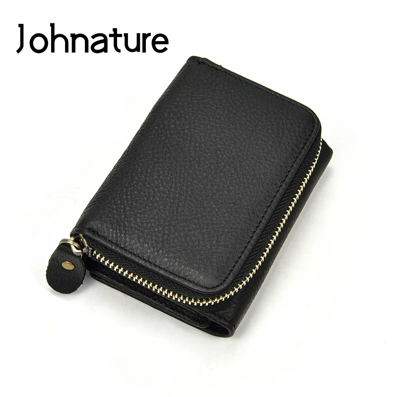 

Johnature 2020 New Genuine Leather Casual Tri-fold Short Men Womens Wallets And Purses Multi-card position Cowhide Small Wallet