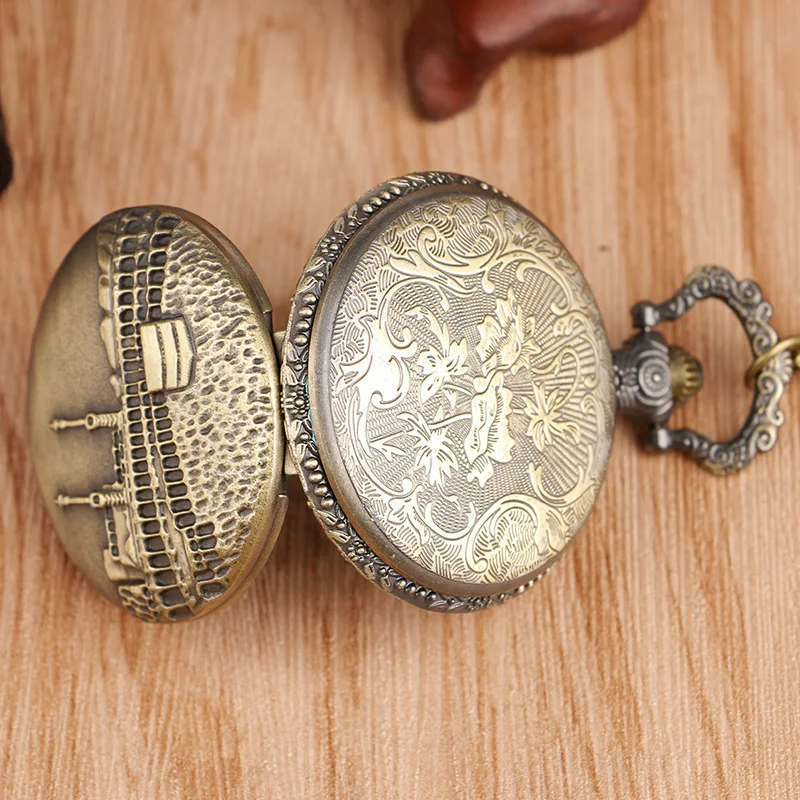 Бронзовый Мода замок шаблон кварцевые карманные часы Для женщин Для мужчин Винтаж Цепочки и ожерелья цепь под старину Стиль Reloj De Bolsillo