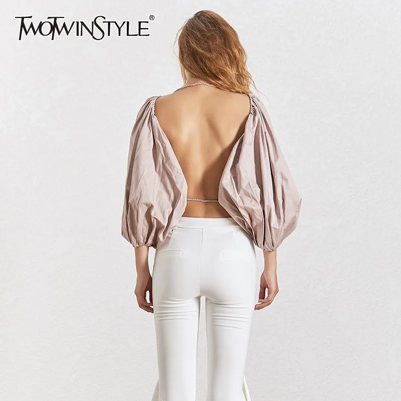 TWOTWINSTYLE Summer Sexy Backless Blouse Tops Female Lantern Sleeve Shirt Women Casual Clothes 2020 Fashion New TWOTWINSTYLE Summer Sexy Backless Blouse Tops Female Lantern Sleeve Shirt Women Casual Clothes 2020 Fashion New