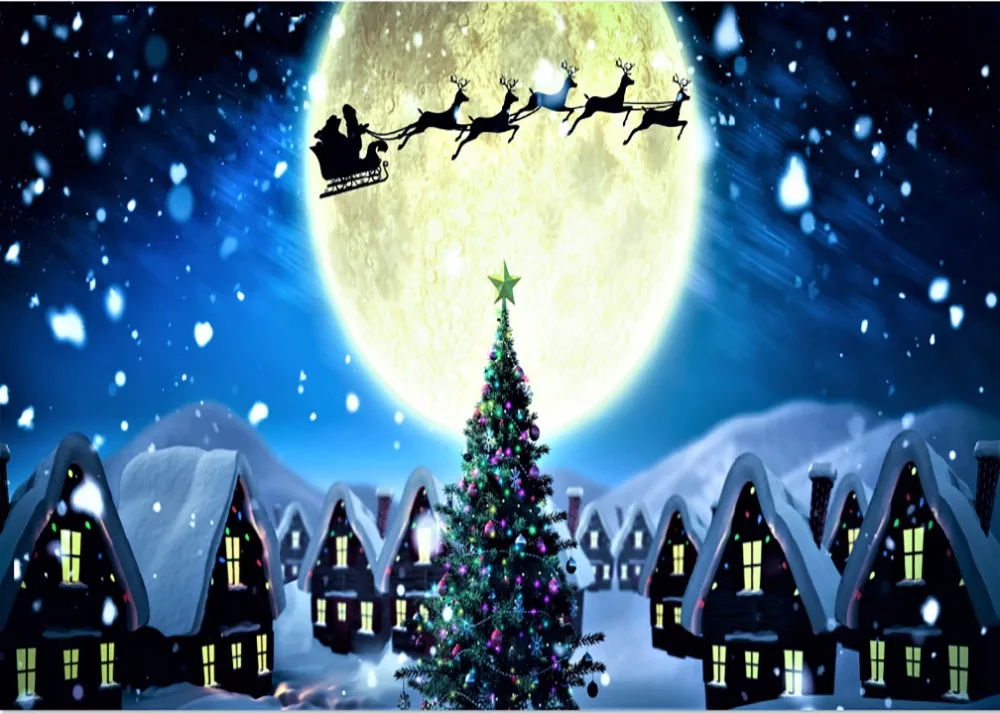 7x5FT Christmas Tree Snow Village House Slede Reindeer Moon Night Custom Photo Studio Background