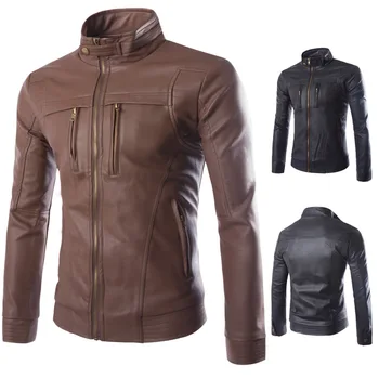 

2020 men collar fur fashion zipper pure color leather