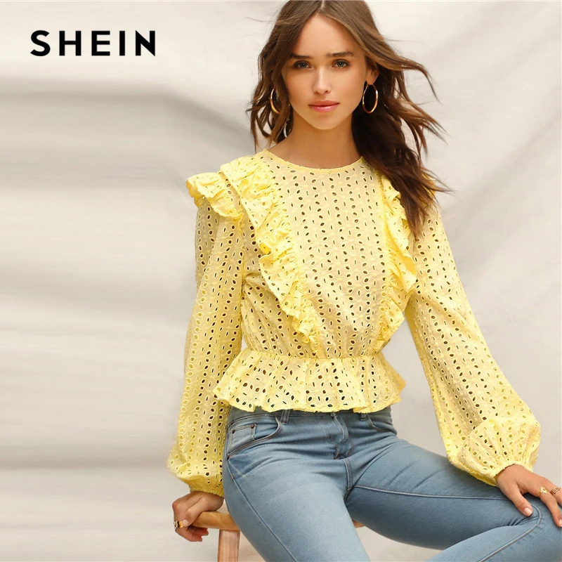 SHEIN Однотонный Топ С Оборками Женские Элегантные Кружевные Блузки С Длинным Рукавом