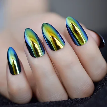 

Metallic Refletive Mirror Golden Almond False Fake Nail Chrome Stilettos Sharp Metal Acrylic Artificial Stiletto Nail Art Tips