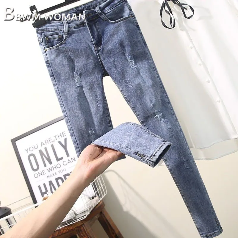 

2019 Spring Summer New Women Jeans Tight Hole High Waist Female Pants Trousers