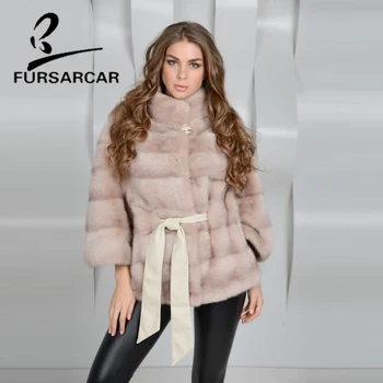 

FURSARCAR 2019 New Pink Real Mink Fur Coat Women Winter Coat With Stand Fur Collar Full Pelt High Quality Female Mink Fur Coat