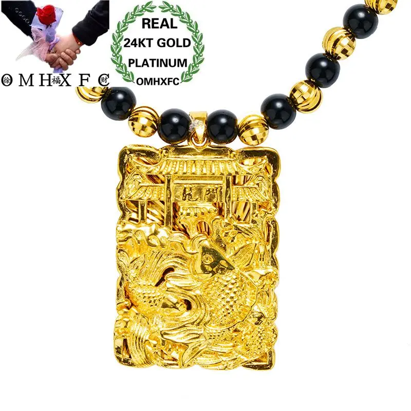 

OMHXFC Оптовая Продажа Европейская мода мужские вечерние подарок на день рождения свадьба прямоугольная Золотая рыбка фу слово 24KT настоящее золото Шарм Кулон PN241