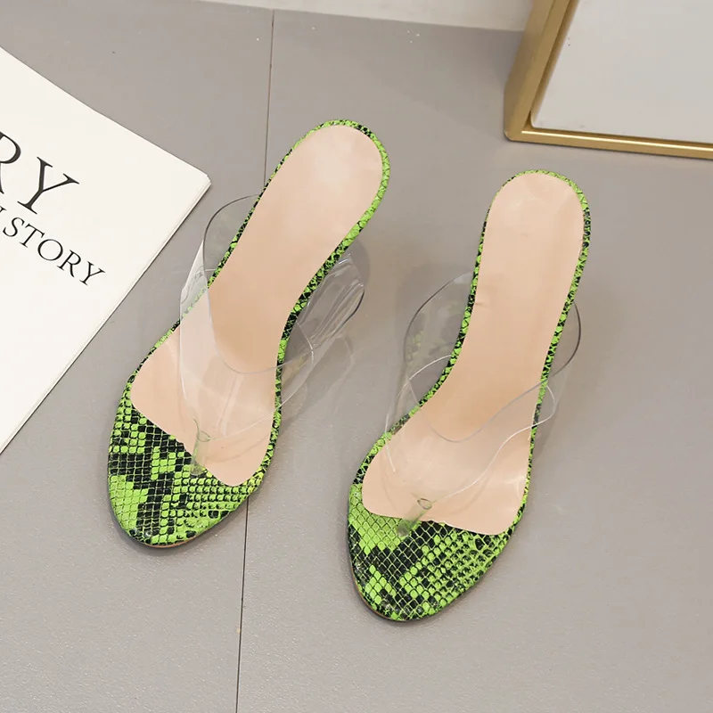 Summer Women Crystal 11cm High Heels Mules Lady Transparent Clear Block Heels Flip Flop Slippers Jelly Sexy Party Sandals Shoes - Цвет: green