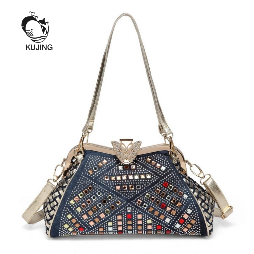 

KUJING Fashion Women's Handbags Quality Denim Woven Women's Dag Ladies Casual Shoulder Bag Messenger Bag Hot Luxury Evening Bag