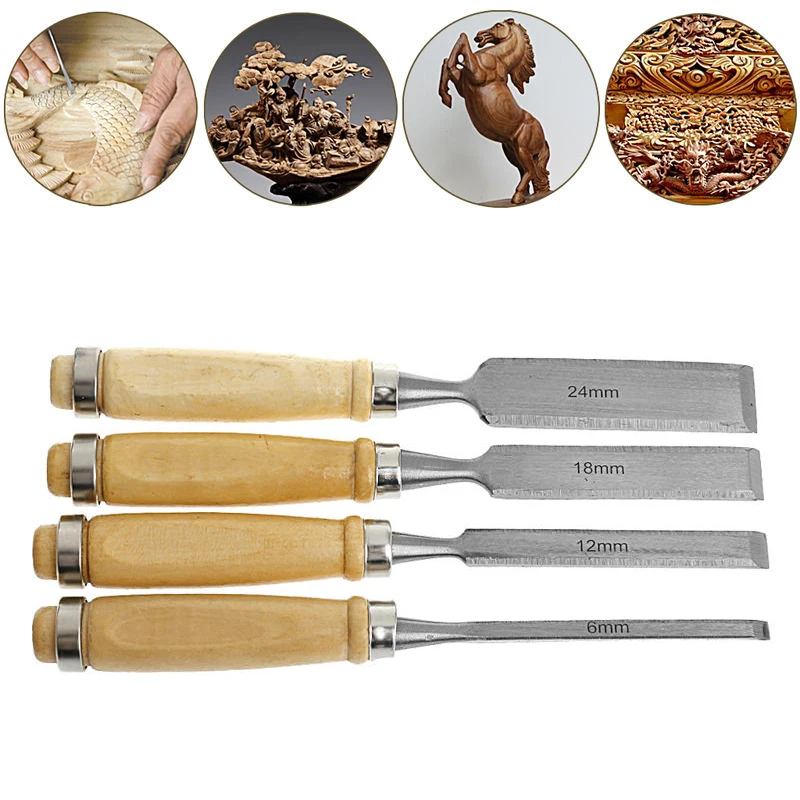 

4Pcs/set 6/12/18/24mm Wood Flat Chisel DIY Carving Set Woodworking Handle Tools