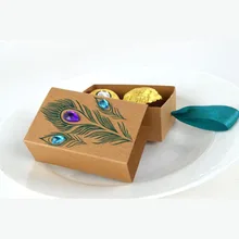 5 наборов, коробки для конфет «перо павлина», дизайн ящика, искусственные стразы, для свадьбы, дня рождения, подарочные коробки из крафт-бумаги