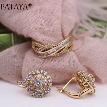 

PATAYA New 585 Rose Gold Colorful Square Round Natural Zircon Dangle Earrings Rings Sets Women Luxury Fine Wedding Jewelry Set