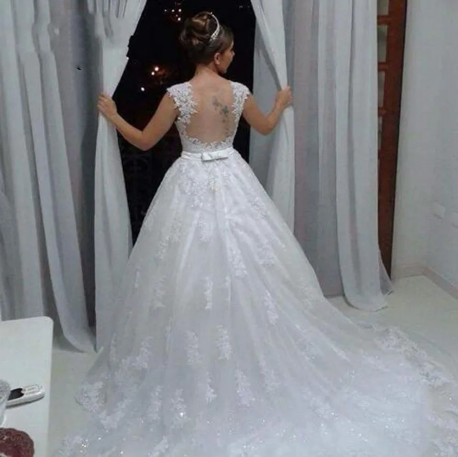 

Cheap Vestido de Noiva Custom Made See Through Back Lace Princess Ball Gown Wedding Dress 2019 Crystal Belt Robe De Mariee