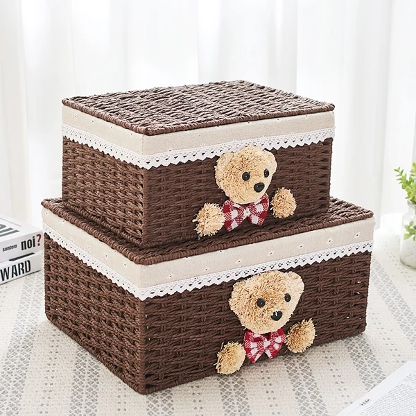 coffee SB set boxes Подарочная корзина с рисунком медведя из мультфильма, корзина для хранения с крышкой, ручная работа, Плетеная соломенная корзина для хранения для декора, корзина из ротанга, костюмы, одежда - Color: coffee SB set boxes