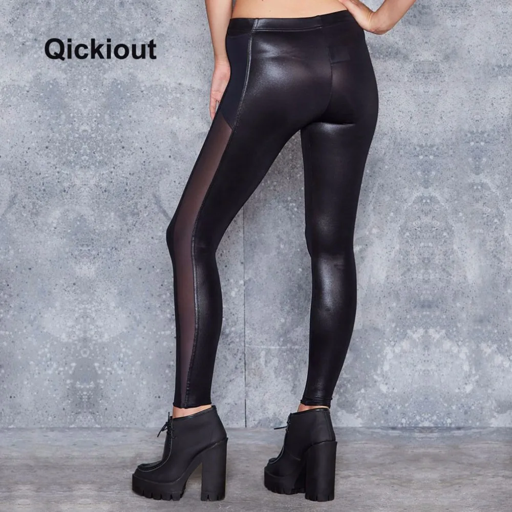 Qickitout, сексуальные кожаные штаны, женские леггинсы, боковая сетка, с вырезами, высокая талия, плюс карман, штаны, сексуальные, в стиле панк, леггинсы