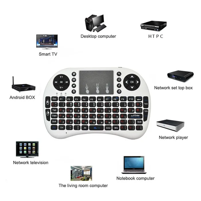 Goedkoop Mini draadloze toetsenbord 2.4g touchpad kleine Spaans Russisch Hebreeuws toetsenbord Telefoon pad gewijd toetsenbord Lithium Batterij