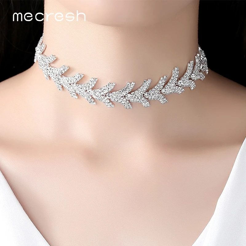 

Mecresh Newest Leaves Rhinestone Chokers Necklaces for Girls Silver Color Trendy Christmas Party Chocker Wedding Jewelry MXL128
