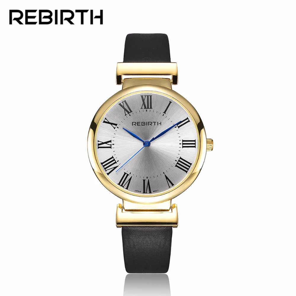 

Luxury Women's Fashion Watches REBIRTH Gold Dial Rome Face Vintage Leather Female Clock Casual Blue Pointer Quartz Women Watch