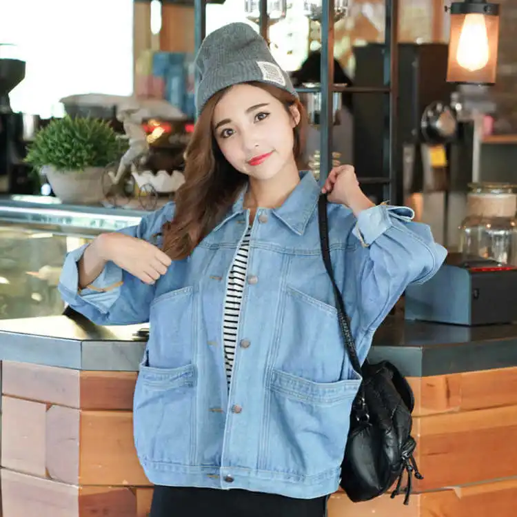 

2019 Women Basic Denim Bomber Jacket Turn-down Collar Jean Jacket Spring Loose Casual Blue Vintage Elegant Outwear Feminine