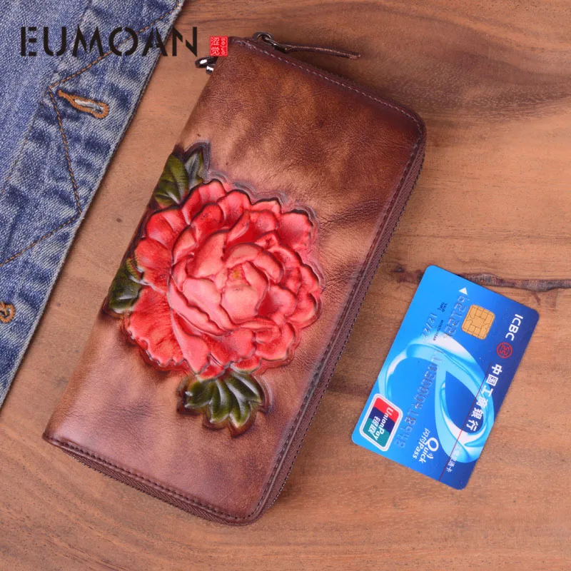 

EUMOAN Women's leather purse, head leather retro long zippered wallet, large-capacity fashion clutch bag