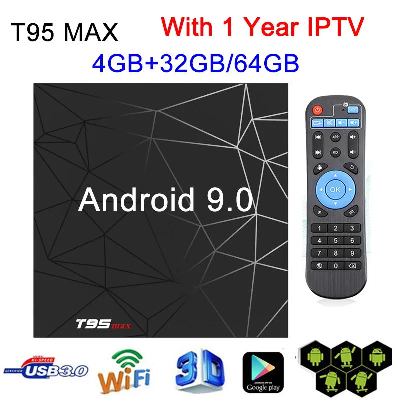 

1Year IPTV T95 MAX Android 9.0 Smart TV Box 4GB 32GB 64GB 6K HD Set Top Box USB 3.0 2.4G Wifi H6 Quad Core Cortex A53 TV Box