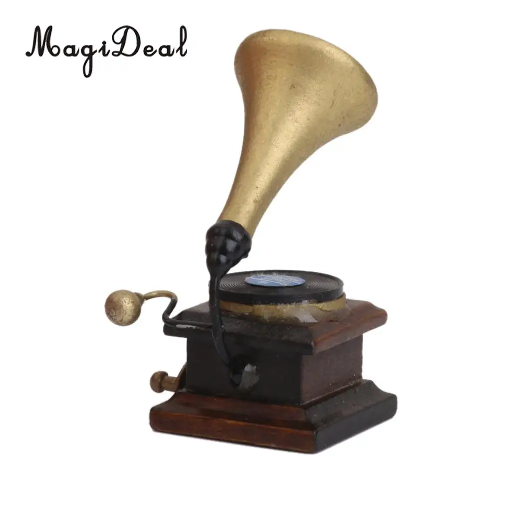 MagiDeal 1/12 Wood Miniature Phonograph Record Player Handicrafts Model for Dollhouse Garden Bedroom Living Room Decor Kids Toy