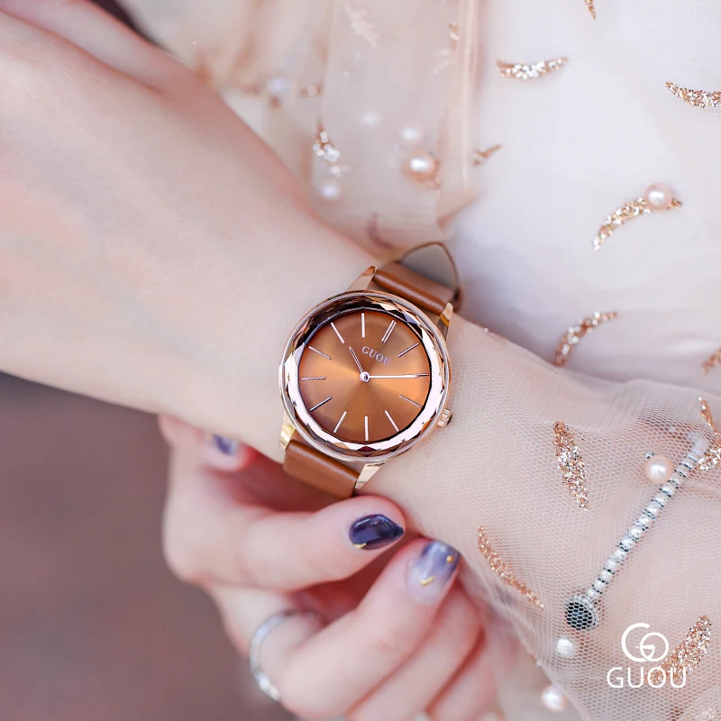 

Women's Watches with Leather Strap Small Dial GUOU Ladies Wristwatches Waterproof Gold Plated Women Quartz Watch Female Clocks