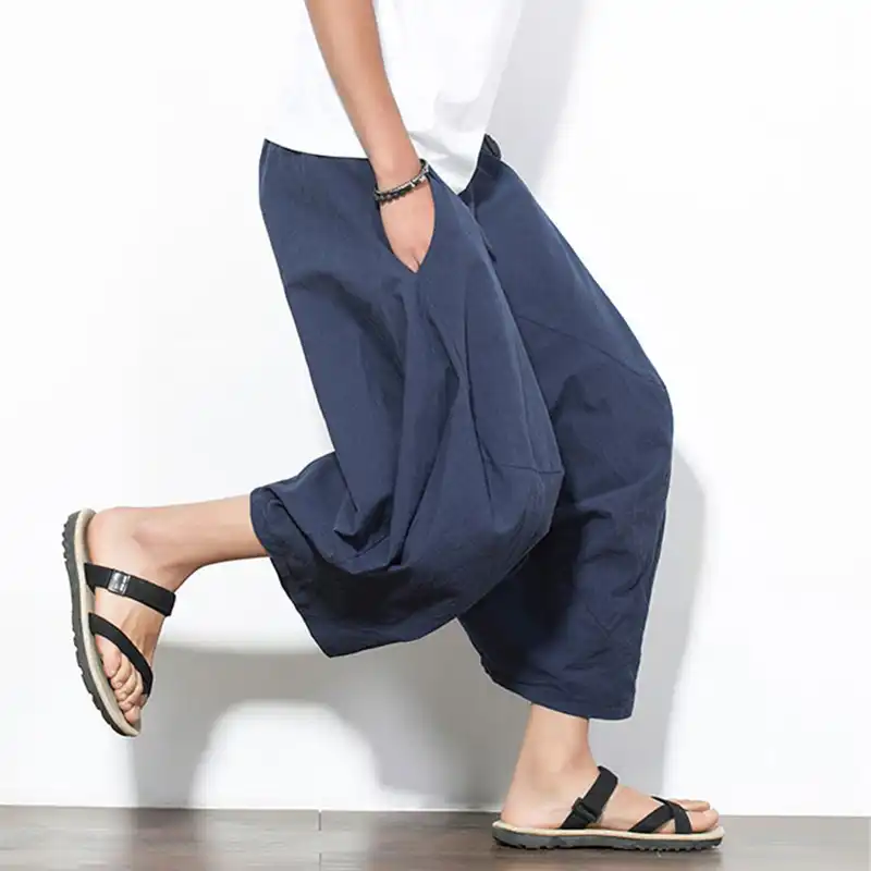 Shifuren Loose Men Capri Pants Cotton Harem Pants Wide Leg