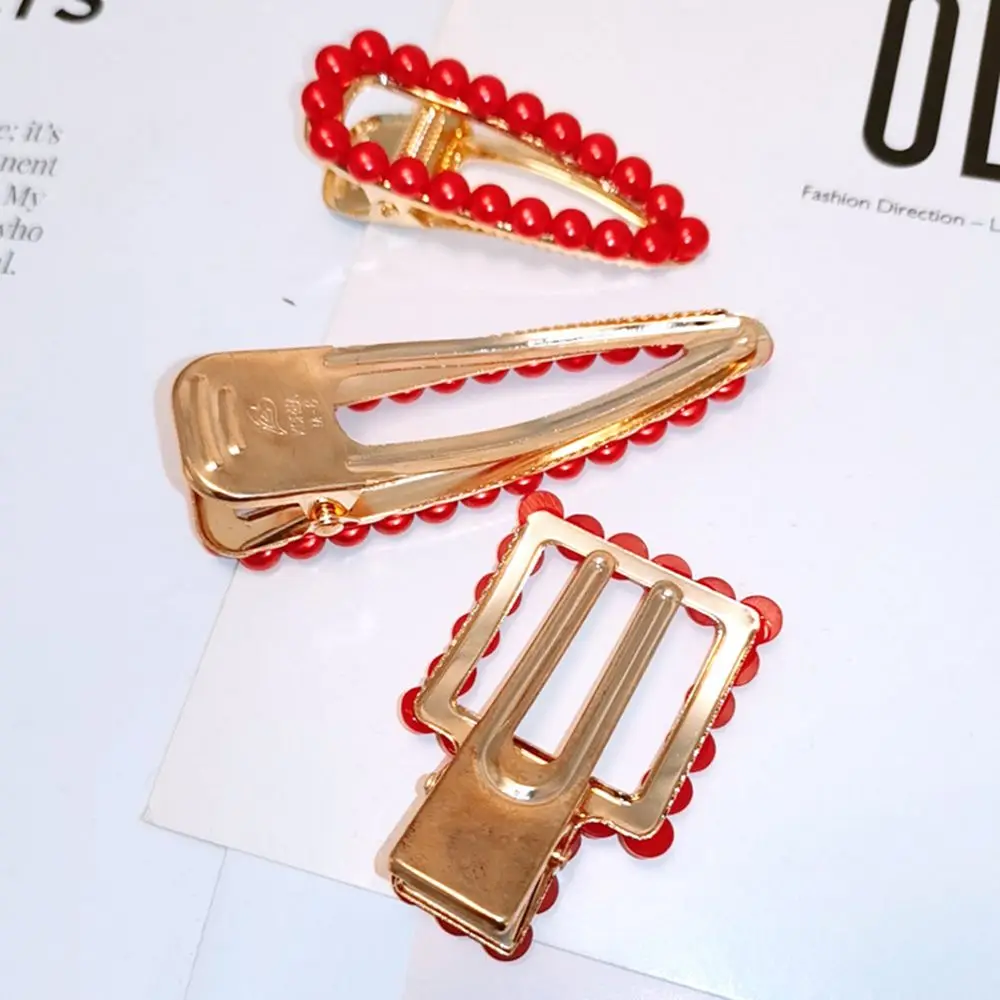 Korea Ins Festive Red Pearl Hairpin New Year Love Heart Folder Clip Bangs Waterdrop Net Red 3