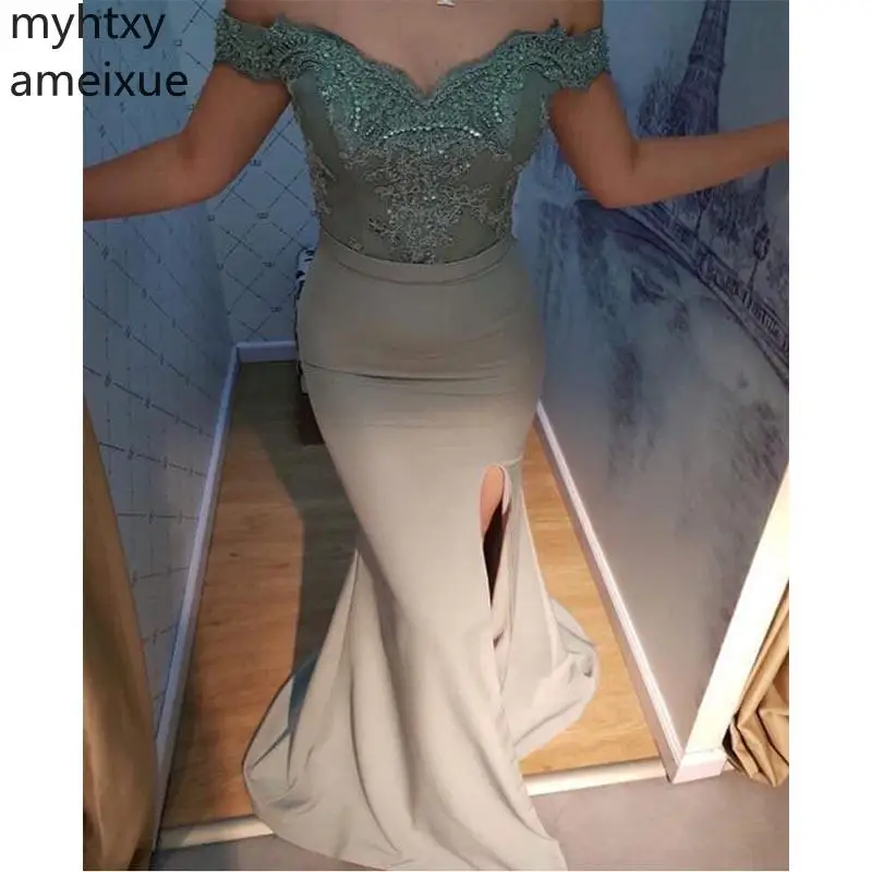 С открытыми плечами с юбкой-годе на заказ вечернее платье аппликацией