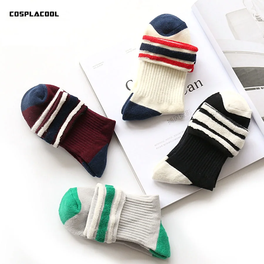 [Cosplacool] الجوارب الرجال الدافئة تيري الجوارب السميكة الأزواج الشتاء اليابان المتناثرة الرياح ثلاثة مخطط نوعية جيدة نقية القطن sokken