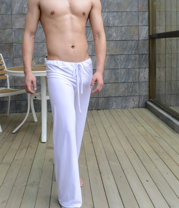 Мужские брюки мужские брюки для сна вискоза домашние брюки свободные сексуальные мужчины отдых брюки молочный шелк модный ремешок сексуальные мужские пижамы