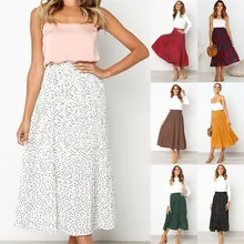 Новые модные женские повседневные длинные юбки Бохо с цветочным принтом в горошек, Женская однотонная эластичная плиссированная юбка с высокой талией в богемном стиле
