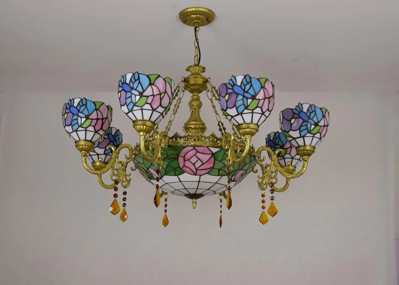Винтажная люстра в европейском стиле Тиффани, витражный стеклянный цветок птицы, красочный подвесной светильник для гостиной, столовой, хрустального бара