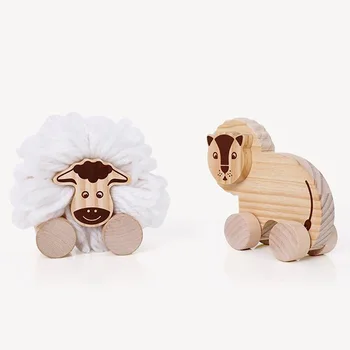 

New Wooden Building Blocks Toys Baby Mini Animal Lion Sheep Hand-pushing Toy Cart Vehicle Children Toys 1 Set