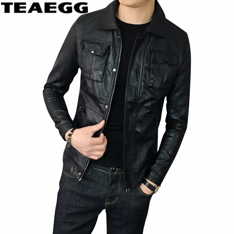 TEAEGG Slim chaqueta de cuero para hombre abrigo negro Pu