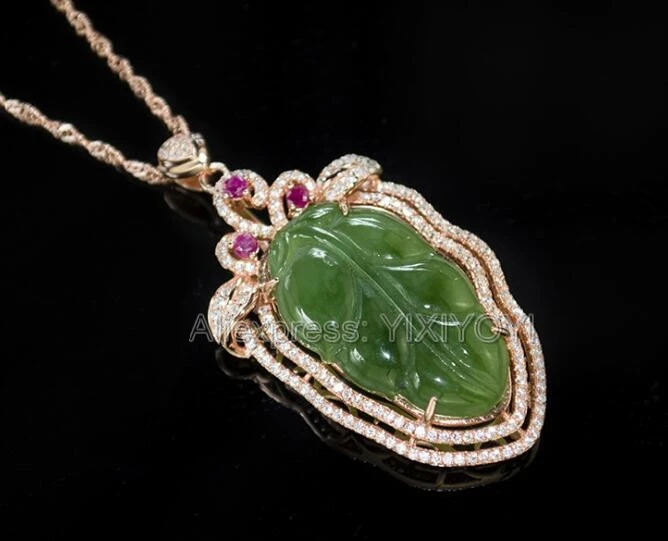 

925 Sterling Silver Green HeTian Jade Gorgeous Leaf Style Lucky Pendant + Chain Necklace Woman's Fine Jewelry Charm Girl's Gift