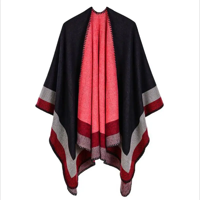 SupSindy women's poncho Winter scarf women cape Red Stripe shawl wrap luxury pashmina warm scarves for women cloak vintage stole - Цвет: Black