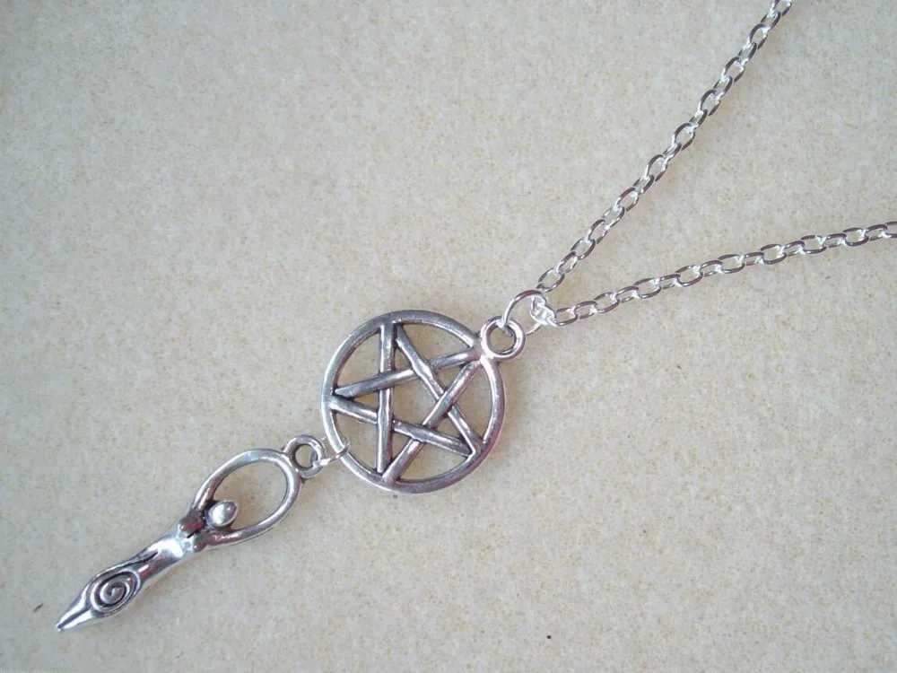 

Earth Mother Goddess Pentagram Charm Amulet Necklace - Wicca Pagan Witch 10pcs