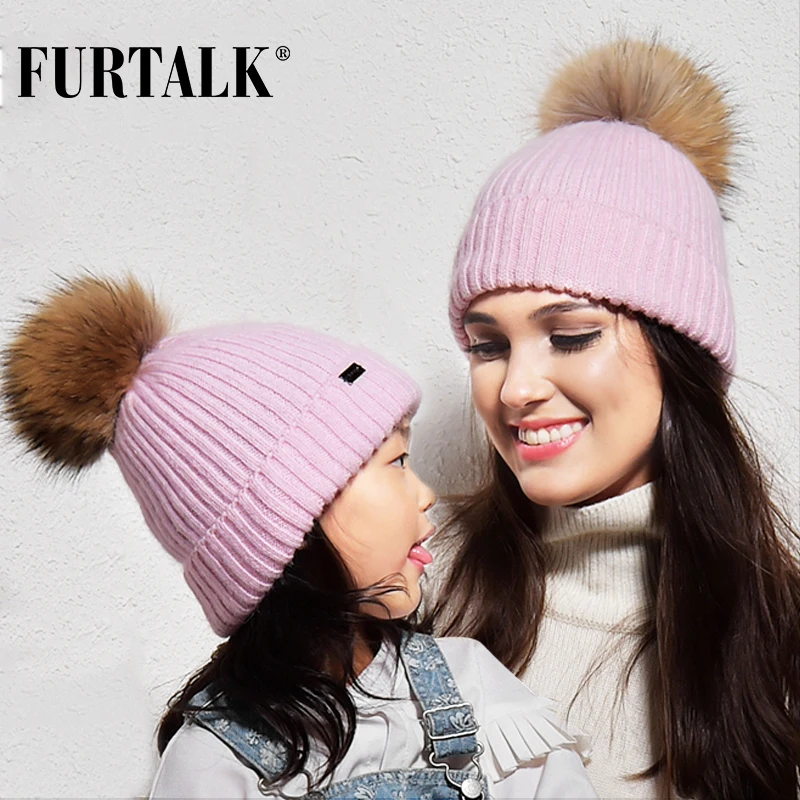 Furtalk родитель-ребенок зимние кроличий мех с помпончиками шапки для детей женская утепленная вязать Skullies шляпа шапочка для девочки