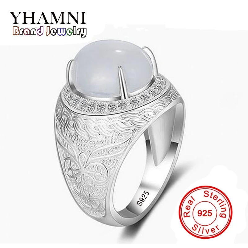 

YHAMNI Original Real 925 Sterling Silver Gem Ring Luxury Cubic Zirconia Pattern Carving Jewelry Rings Men Wedding Ring MJ005