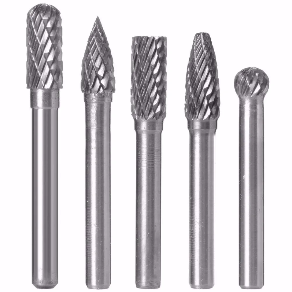 5pcs 6mm Shank Tungsten Carbide Rotary Point Burr Die Grinder Bit Set 50 60mm Length For Power