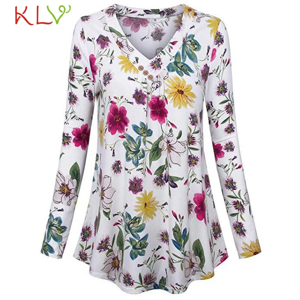 Women Top Print V-neck Button Pullover Modis Winter Autumn Long Sleeve T shirt Casual Female T-shirt Plus Size 18Nov7